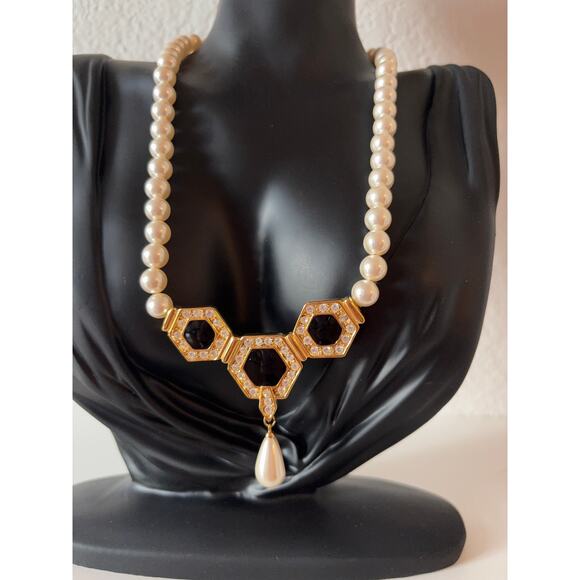 B9 Napier Vintage Necklace Faux Pearl Black Cabochon Art Deco Revival Statement - Picture 3 of 10